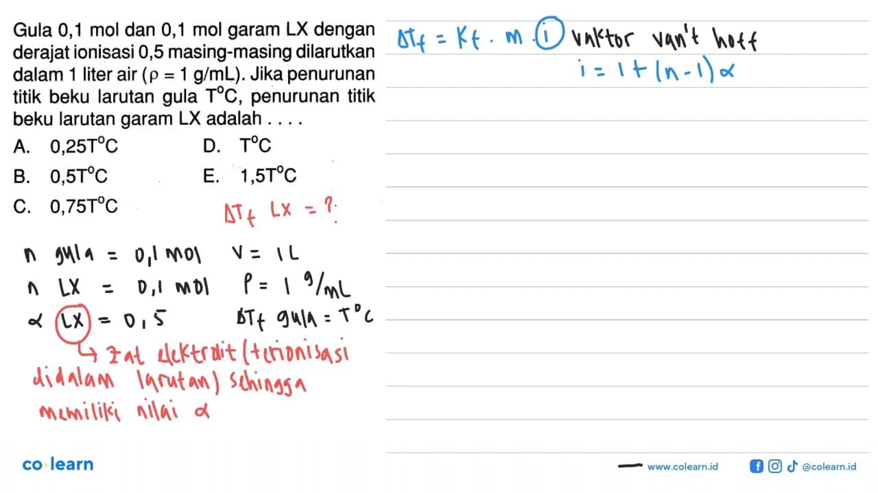 Gula 0,1 mol dan 0,1 mol garam LX dengan derajat ionisasi