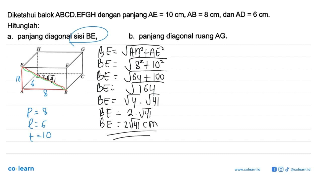 Diketahui balok ABCD.EFGH dengan panjang AE=10 cm, AB=8 cm,