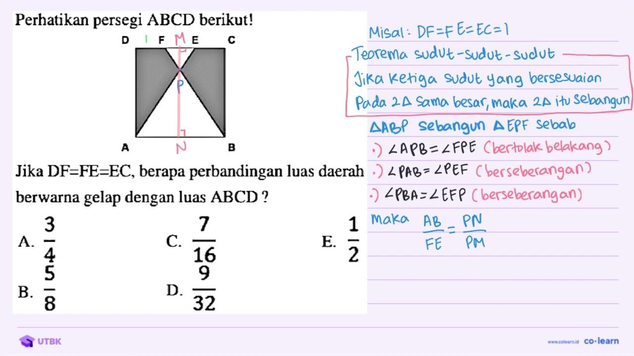 Perhatikan persegi ABCD berikut! Jika DF=FE=EC , berapa