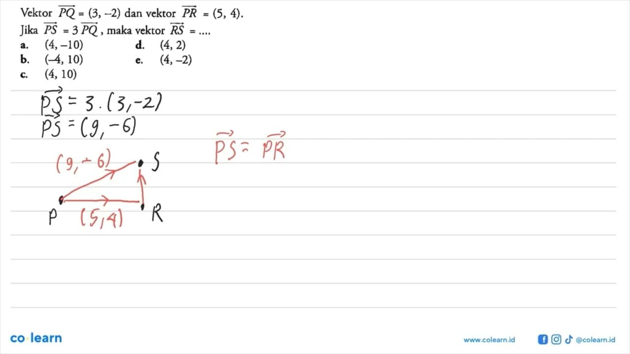 Vektor PQ=(3,-2) dan vektor PR=(5,4). Jika PS=3PQ, maka