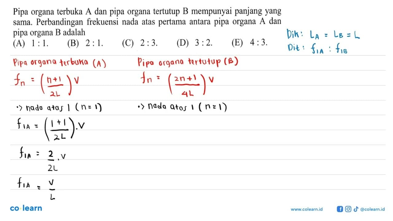 Pipa organa terbuka A dan pipa organa tertutup B mempunyai