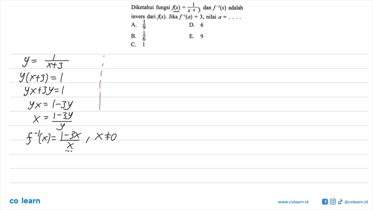 Diketahui fungsi f(x)=1/(x+3) dan f^(-1)(x) adalah invers