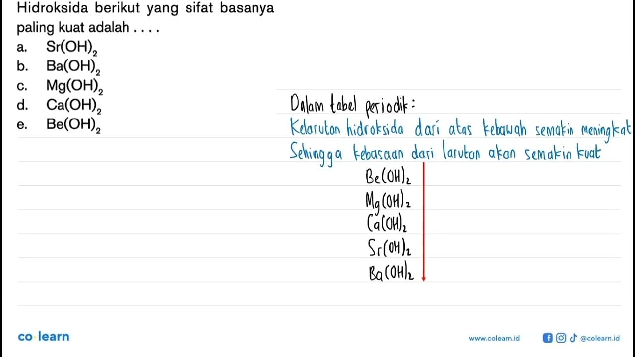 Hidroksida berikut yang sifat basanya paling kuat adalah .