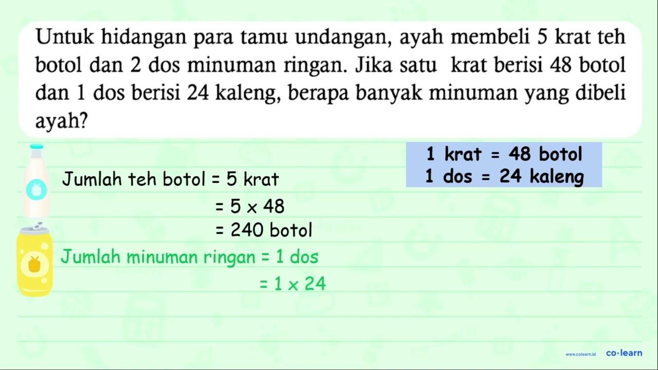 Untuk hidangan para tamu undangan, ayah membeli 5 krat teh