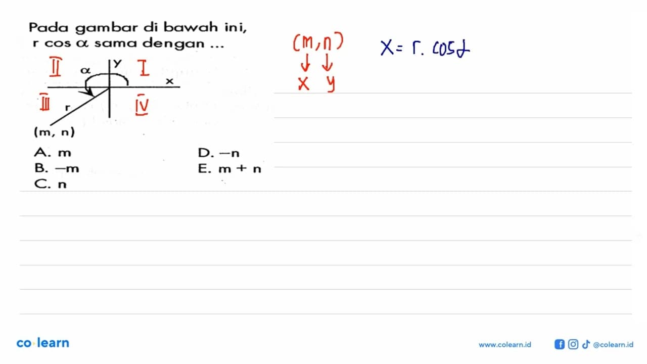 Pada gambar di bawah ini, r cos a sama dengan ...a y x r