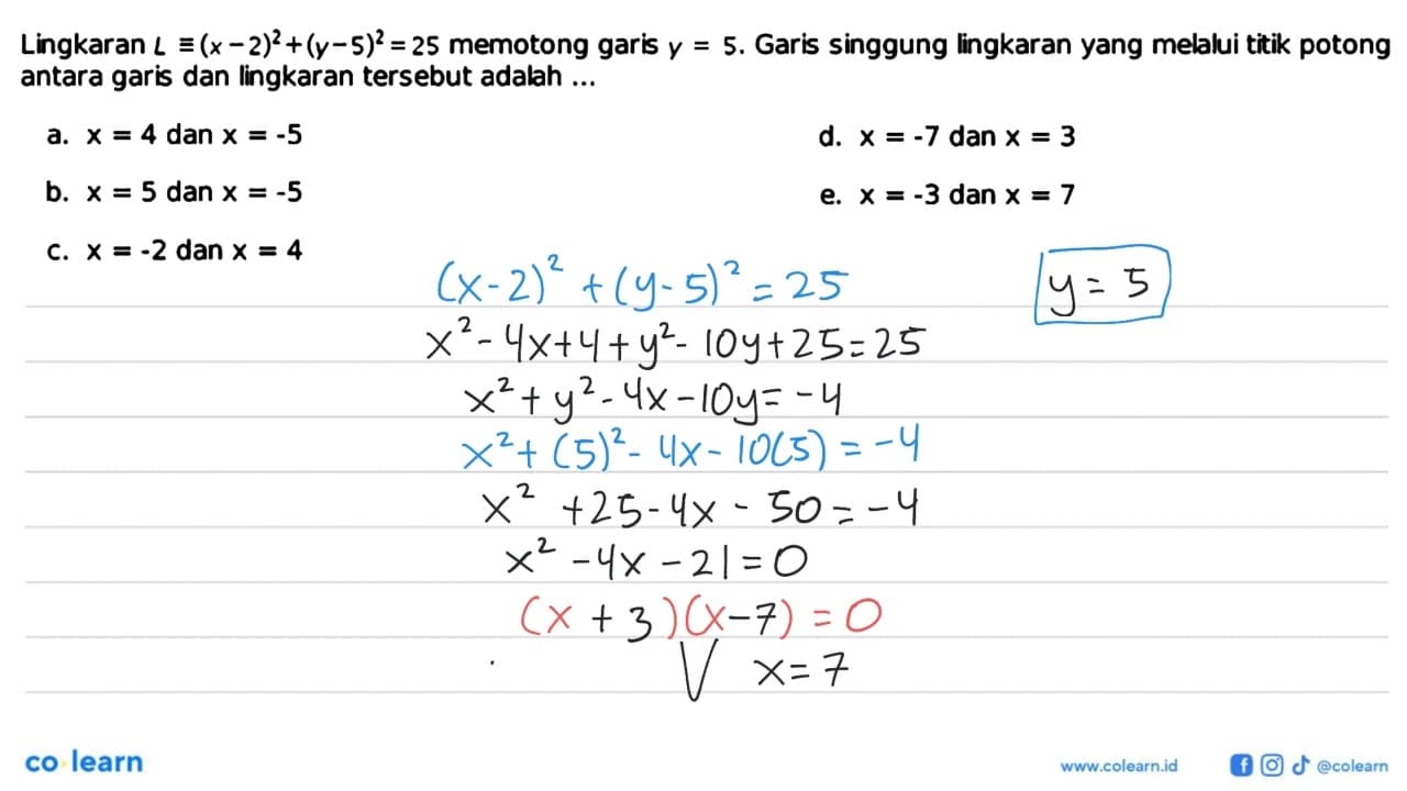 Lingkaran L ekuivalen(x-2)^2+(y-5)^2=25 memotong garis y=5.