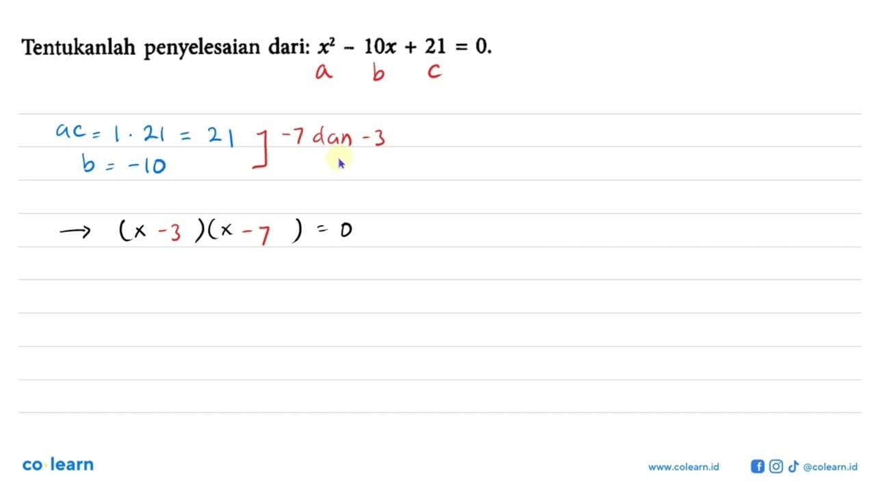 Tentukanlah penyelesaian dari: x^2 - 10x + 21 = 0.