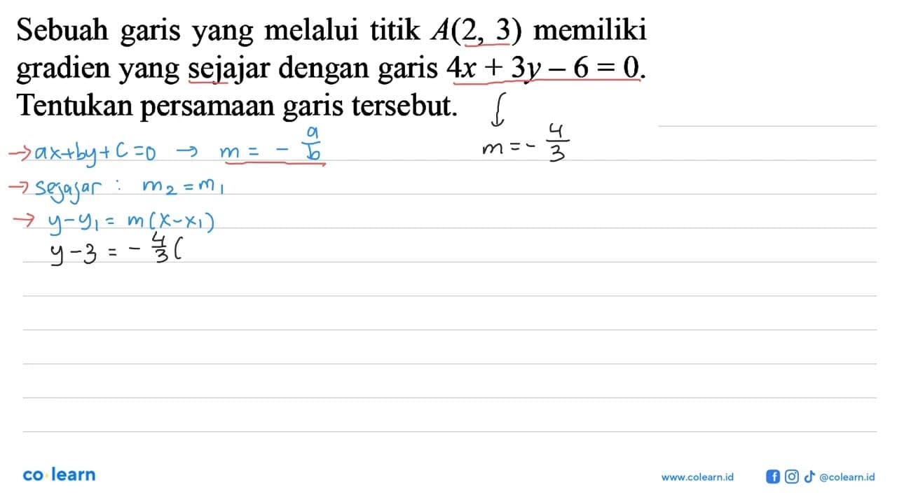 Sebuah garis yang melalui titik A(2, 3) memiliki gradien