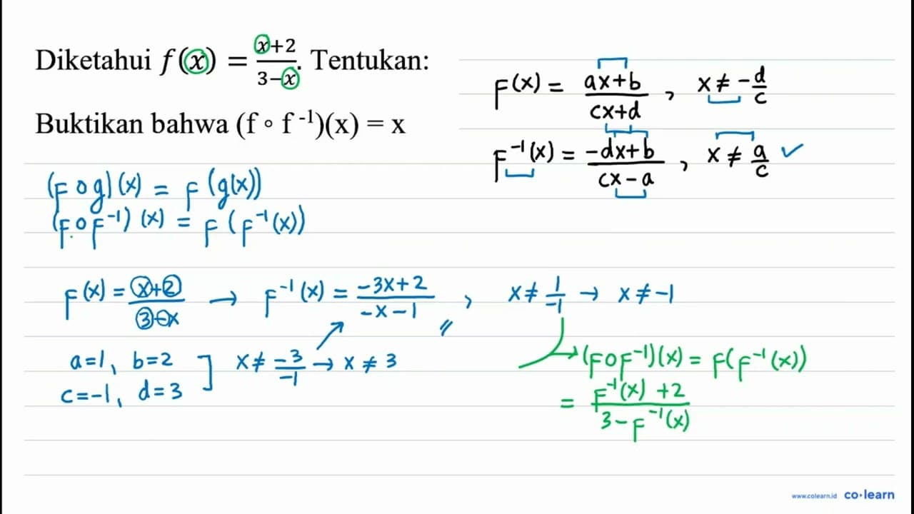 Diketahui f(x)=(x+2)/(3-x) . Tentukan: Buktikan bahwa (f o