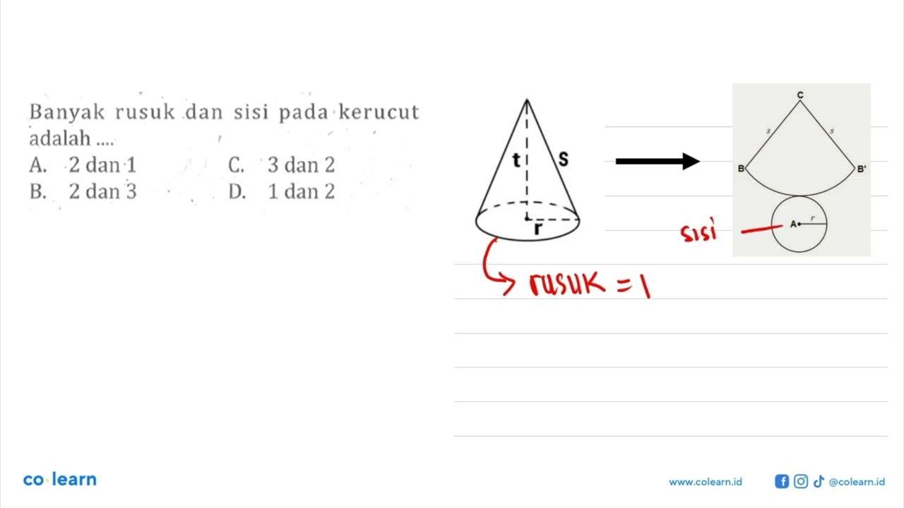 Banyak rusuk dan sisi pada kerucut adalah ....