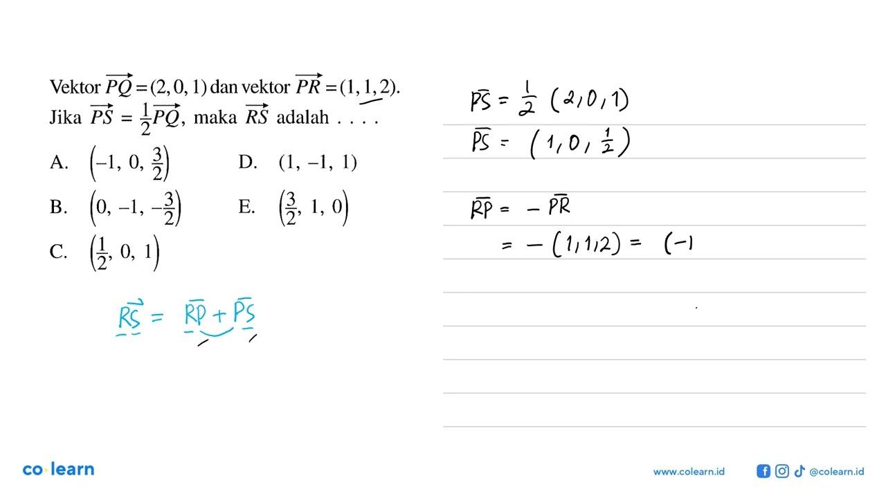 Vektor PQ=(2,0,1) dan vektor PR=(1,1,2) Jika vektor