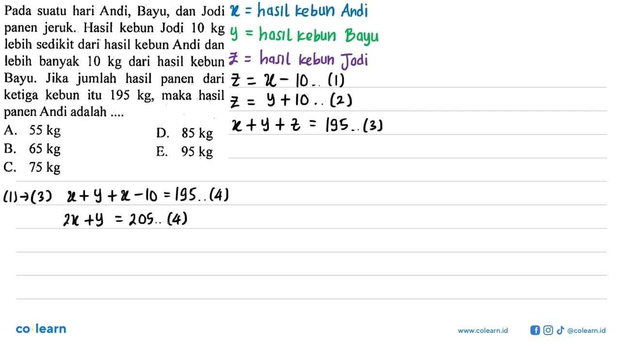 Pada suatu hari Andi; Bayu; dan Jodi panen jeruk. Hasil