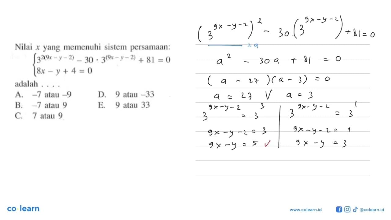 Nilai x yang memenuhi sistem persamaan: 3^2(9x-y-2) -