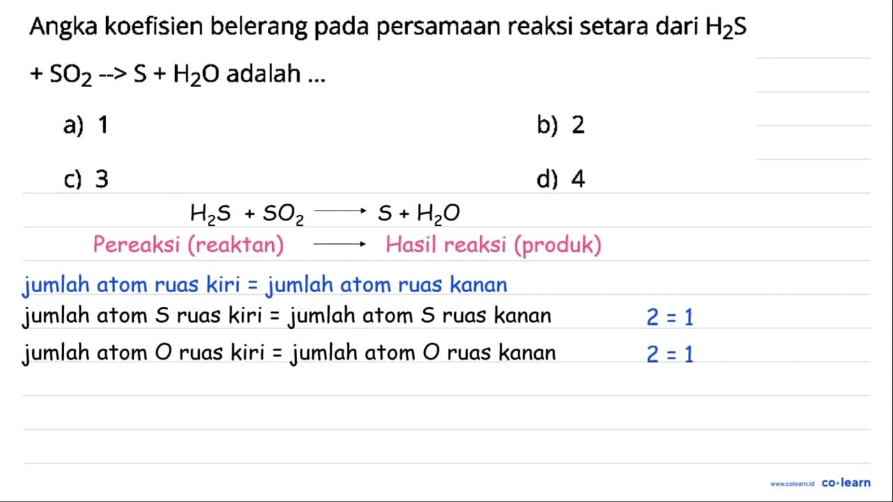 Angka koefisien belerang pada persamaan reaksi setara dari