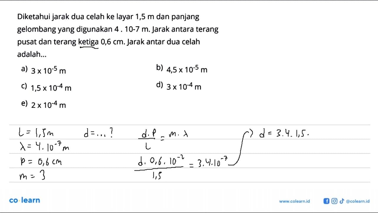 Diketahui jarak dua celah ke layar 1,5 m dan panjang