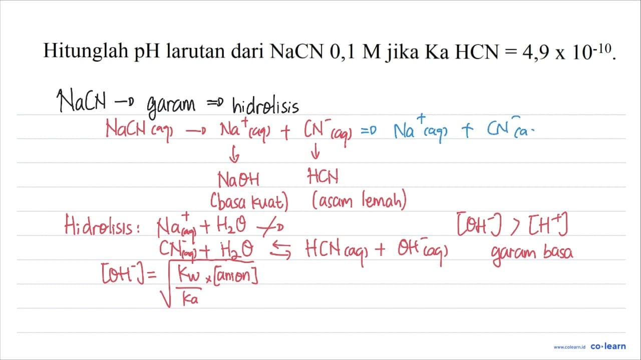 Hitunglah pH larutan dari NaCN 0,1 M jika Ka HCN=4,9 x