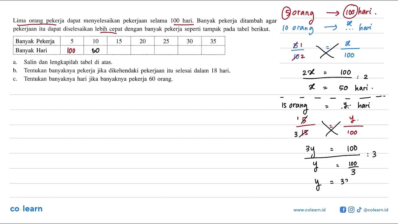 Lima orang pekerja dapat menyelesaikan pekerjaan selama 100