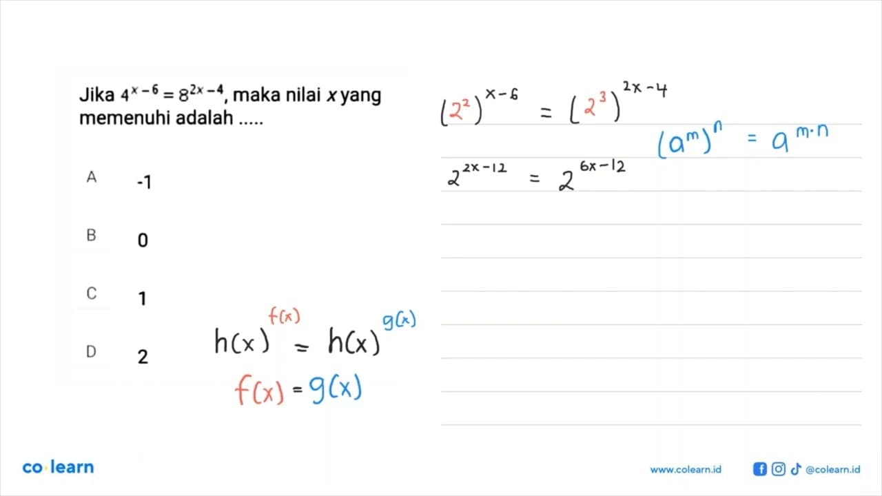 Jika 4^(x-6)=8^(2x-4), maka nilai x yang memenuhi adalah