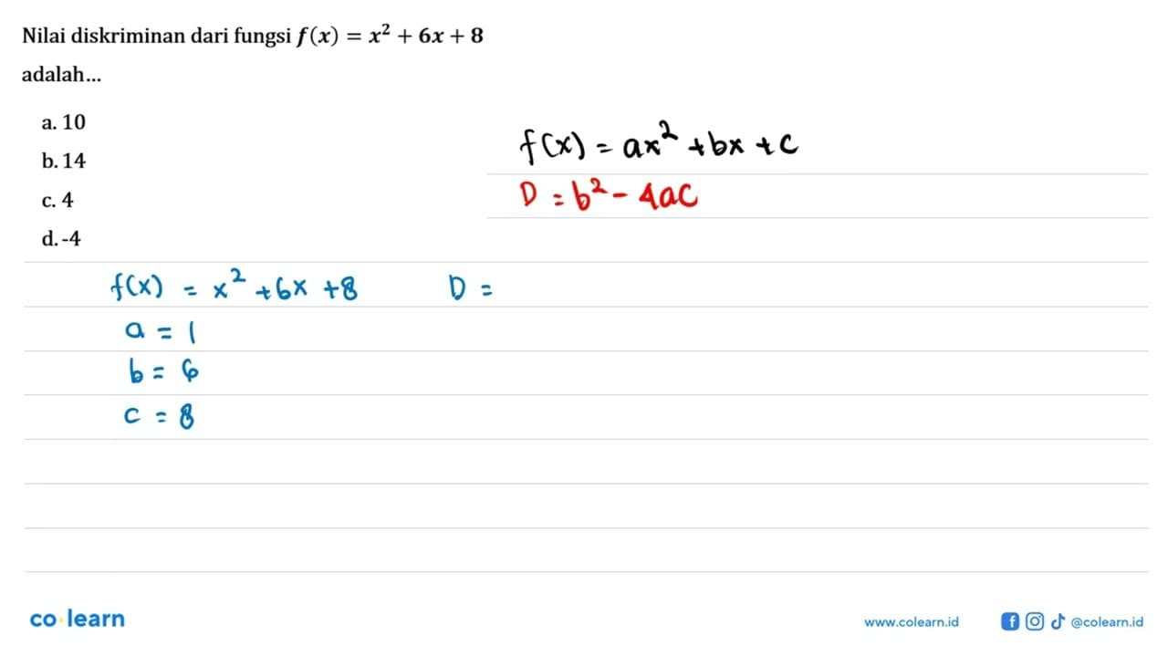 Nilai diskriminan dari fungsi f(x) = x^2 + 6x + 8 adalah