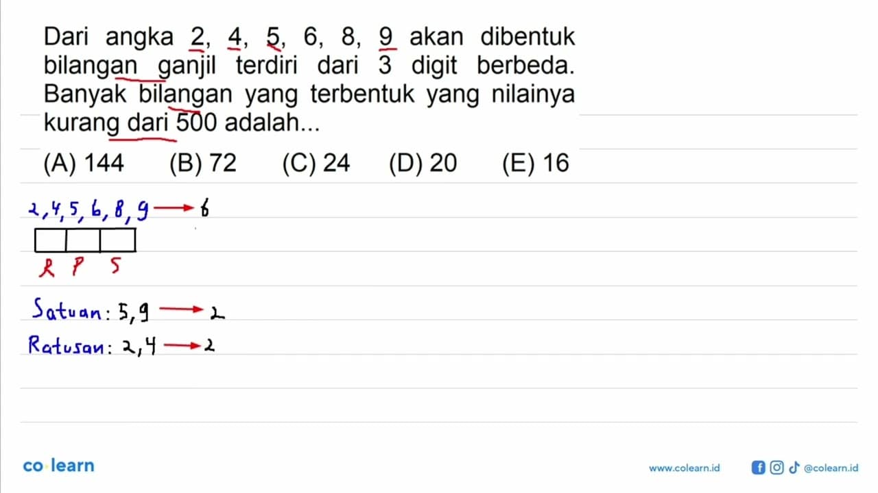 Dari angka 2, 4, 5, 6, 8, 9 akan dibentuk bilangan ganjil