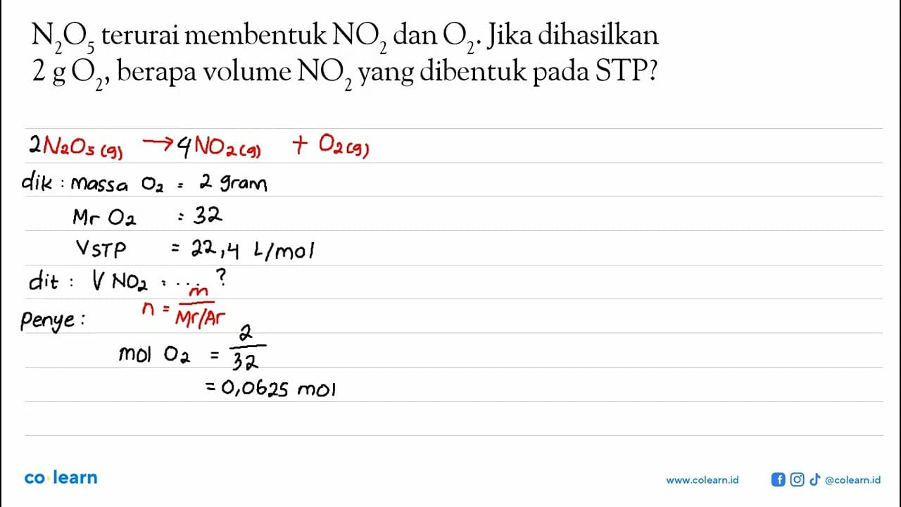 N2O5 terurai membentuk NO2 dan O2. Jika dihasilkan 2g O2,