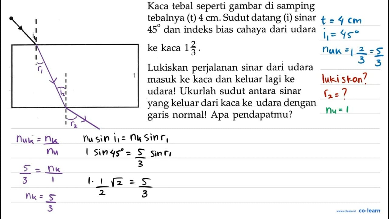 Kaca tebal seperti gambar di samping tebalnya (t) 4 cm .