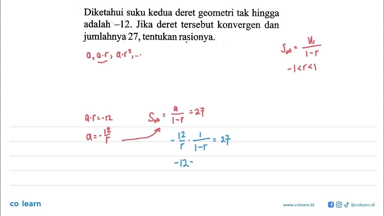 Diketahui suku kedua deret geometri tak hingga adalah -12.