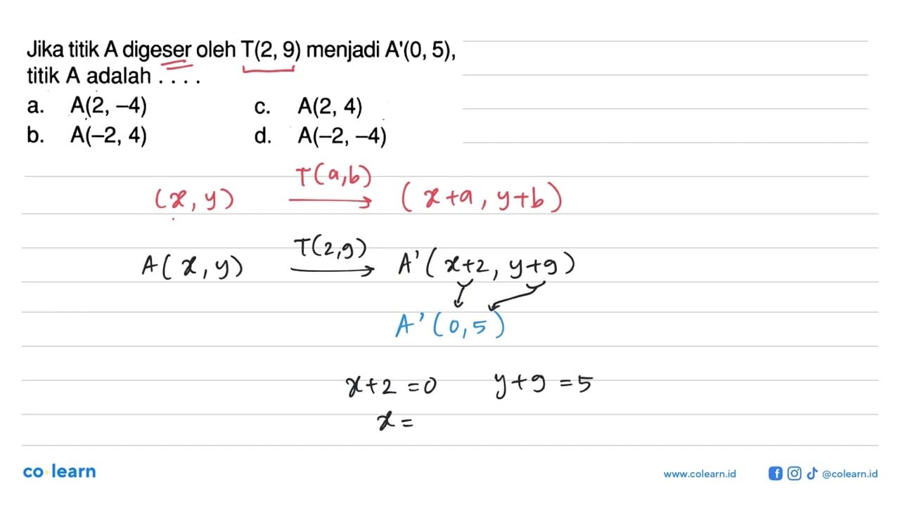 Jika titik A digeser oleh T(2,9) menjadi A'(0,5), titik A