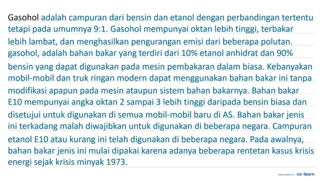 Campuran etanol dan gasolin (bensin) menghasilkan bahan