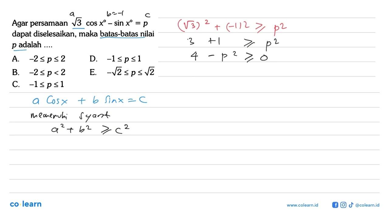 Agar persamaan akar(3) cos x - sin x = p dapat