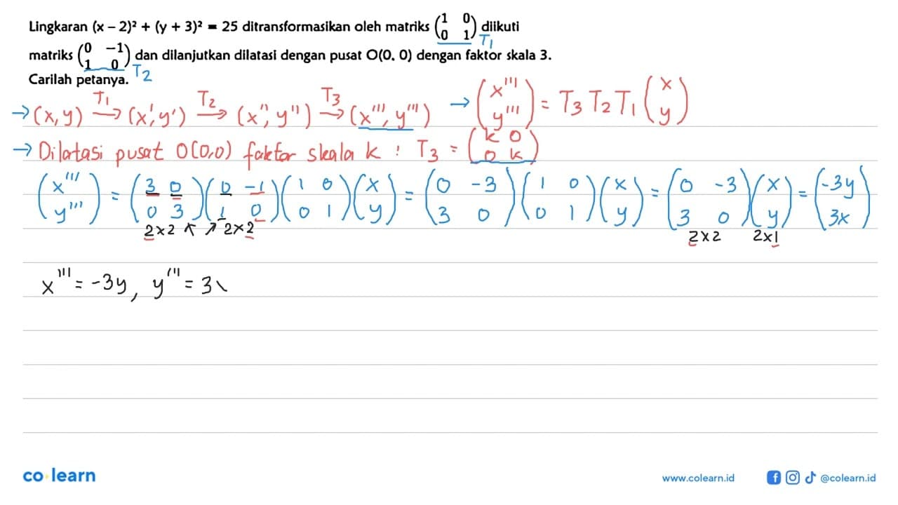 Lingkaran (x-2)^2+(y+3)^2=25 ditransformasikan oleh matriks