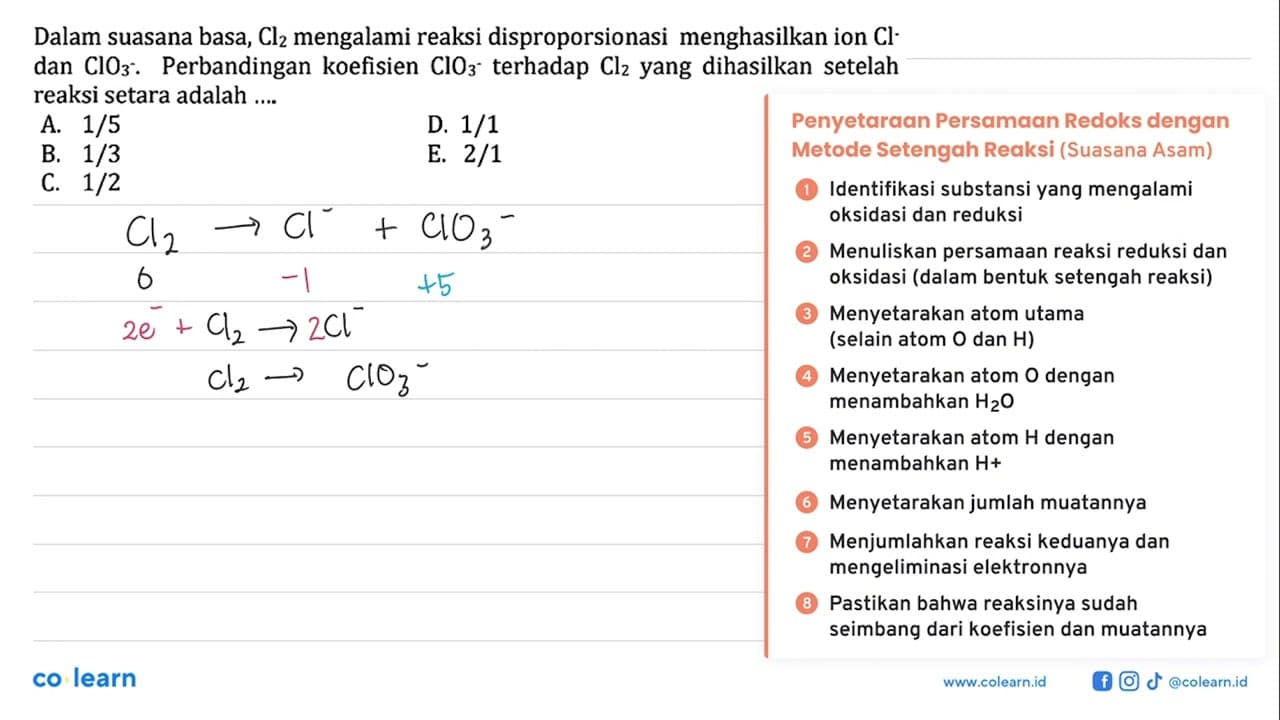 Dalam suasana basa, Cl2 mengalami reaksi disproporsionasi