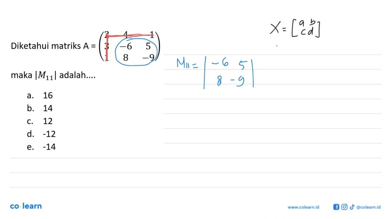 Diketahui matriks A=(2 4 -1 3 -6 5 1 8 -9) maka |M11|