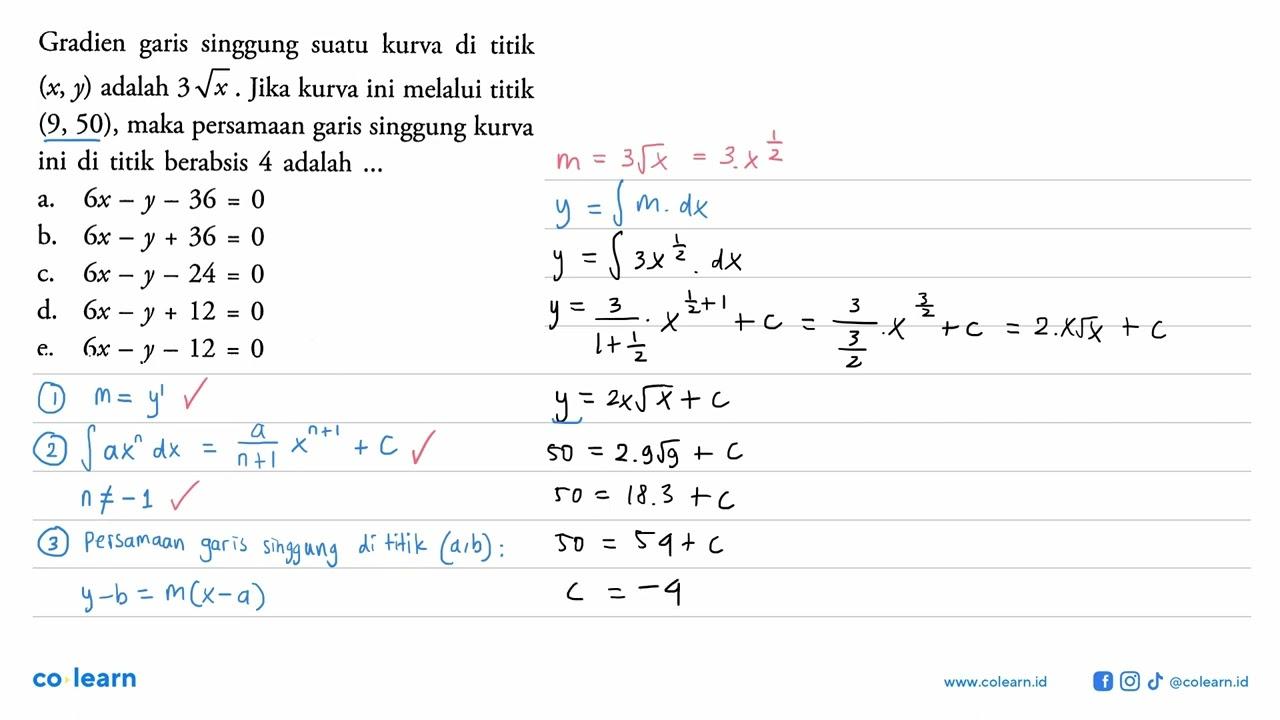 Gradien garis singgung suatu kurva di titik (x, y) adalah 3