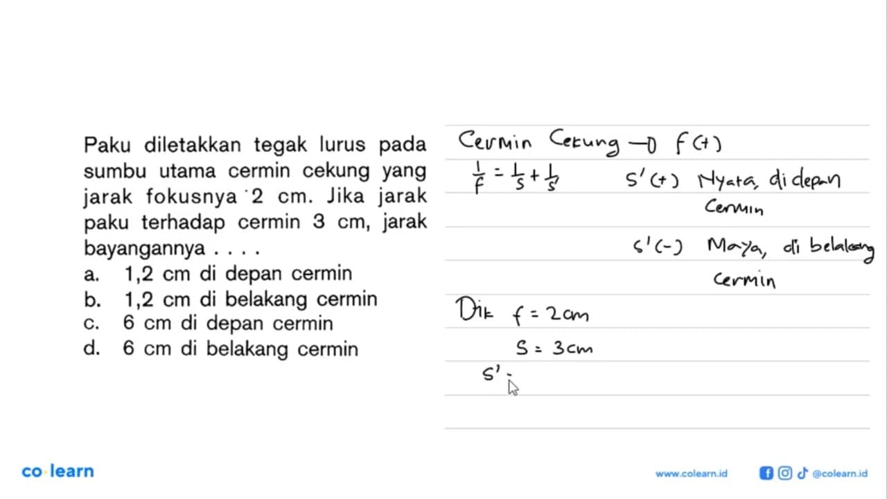 Paku diletakkan tegak lurus pada sumbu utama cermin cekung