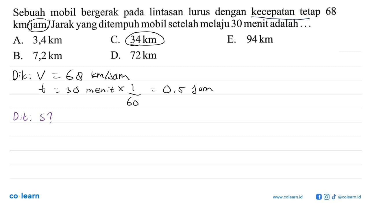 Sebuah mobil bergerak lintasan lurus dengan kecepatan 68