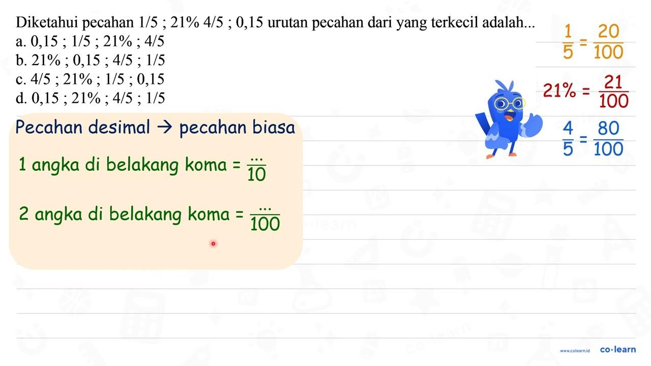 Diketahui pecahan 1 / 5 ; 21 % 4 / 5 ; 0,15 urutan pecahan