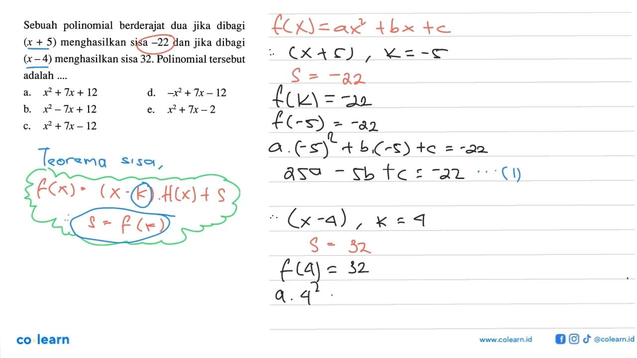 Sebuah polinomial berderajat dua jika dibagi (x+5)