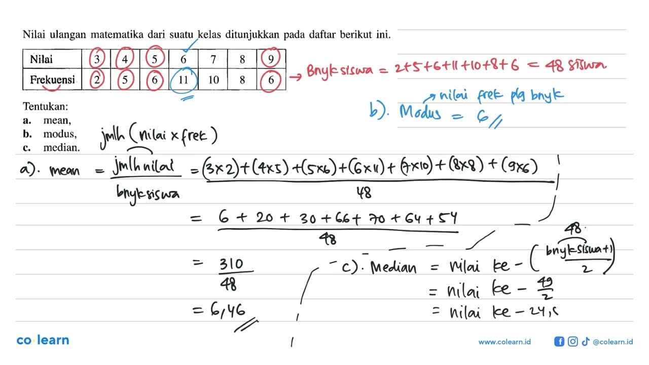 Nilai ulangan matematika dari suatu kelas ditunjukkan pada