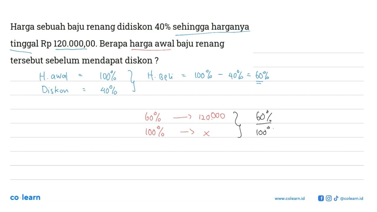 Harga sebuah baju renang didiskon 40% sehingga harganya