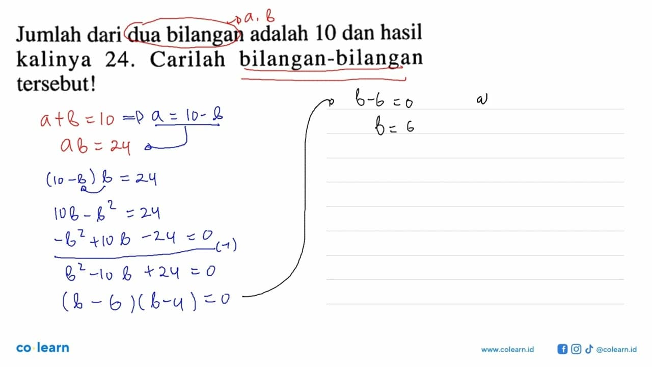 Jumlah dari dua bilangan adalah 10 dan hasil kalinya 24.