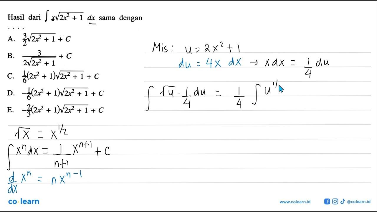 Hasil dari integral x akar(2x^2+1) dx sama dengan