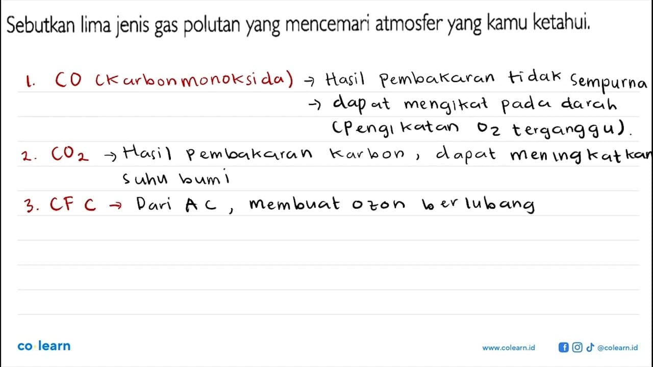 Sebutkan lima jenis gas polutan yang mencemari atmosfer