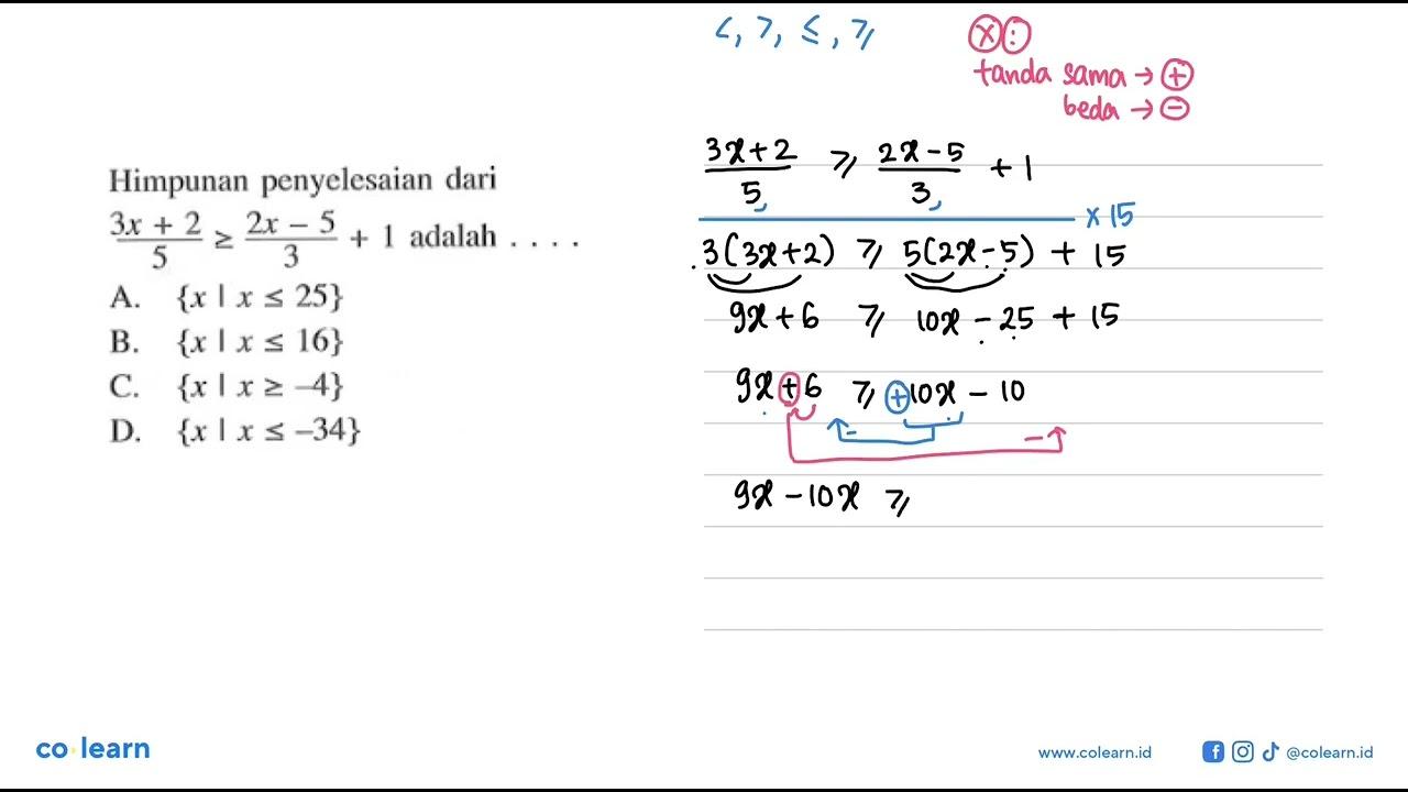 Himpunan penyelesaian dari (3x + 2)/5 >= (2x - 5)/3 + 1