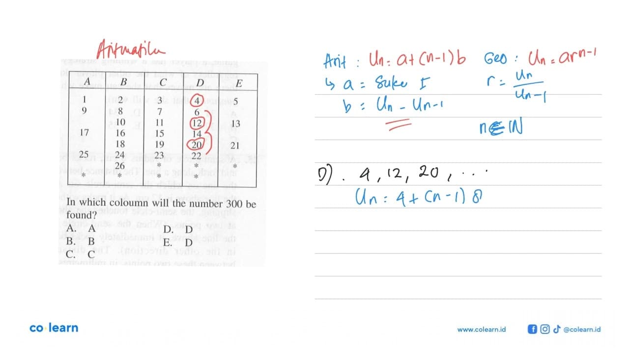 In which coloumn will the number 300 be found? A A D. D B.