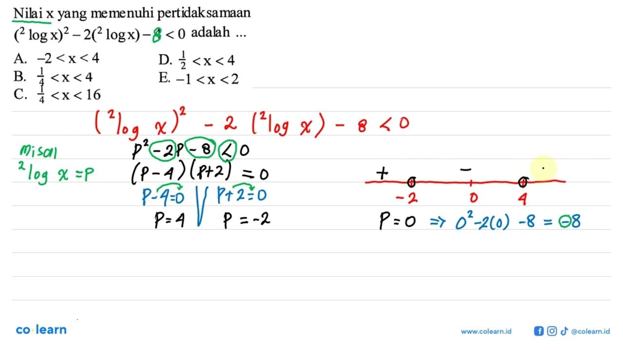 Nilai x yang memenuhi pertidaksamaan (2 log x)^2-2(2 log