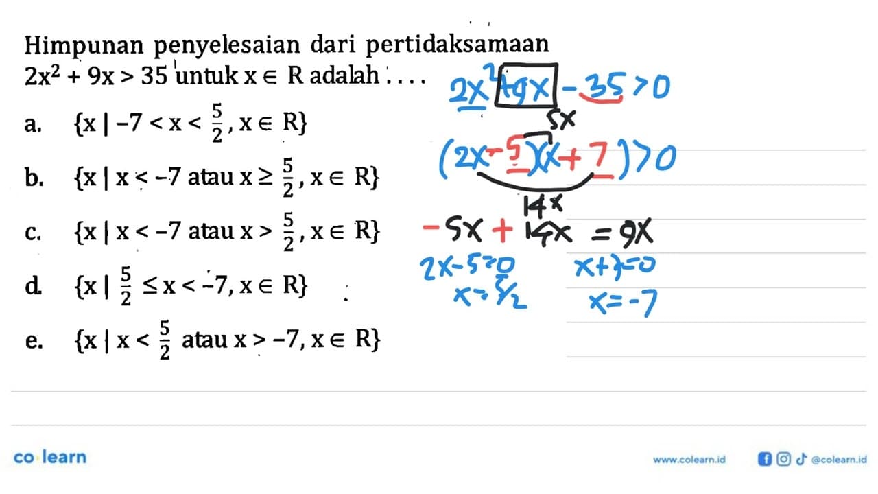 Himpunan penyelesaian dari pertidaksamaan 2x^2+9x>35 untuk