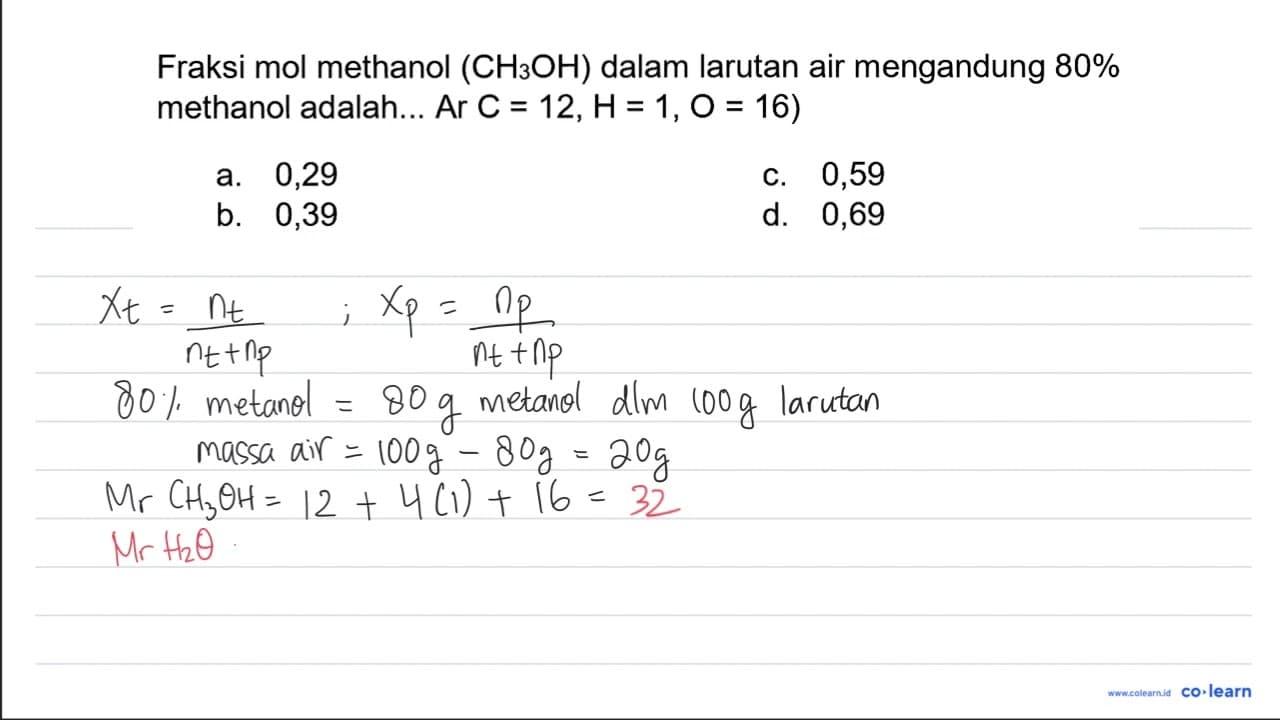 Fraksi mol methanol (CH_(3) OH) dalam larutan air