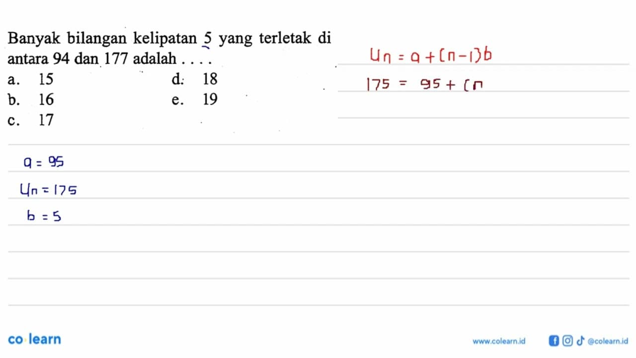 Banyak bilangan kelipatan 5 yang terletak di antara 94 dan