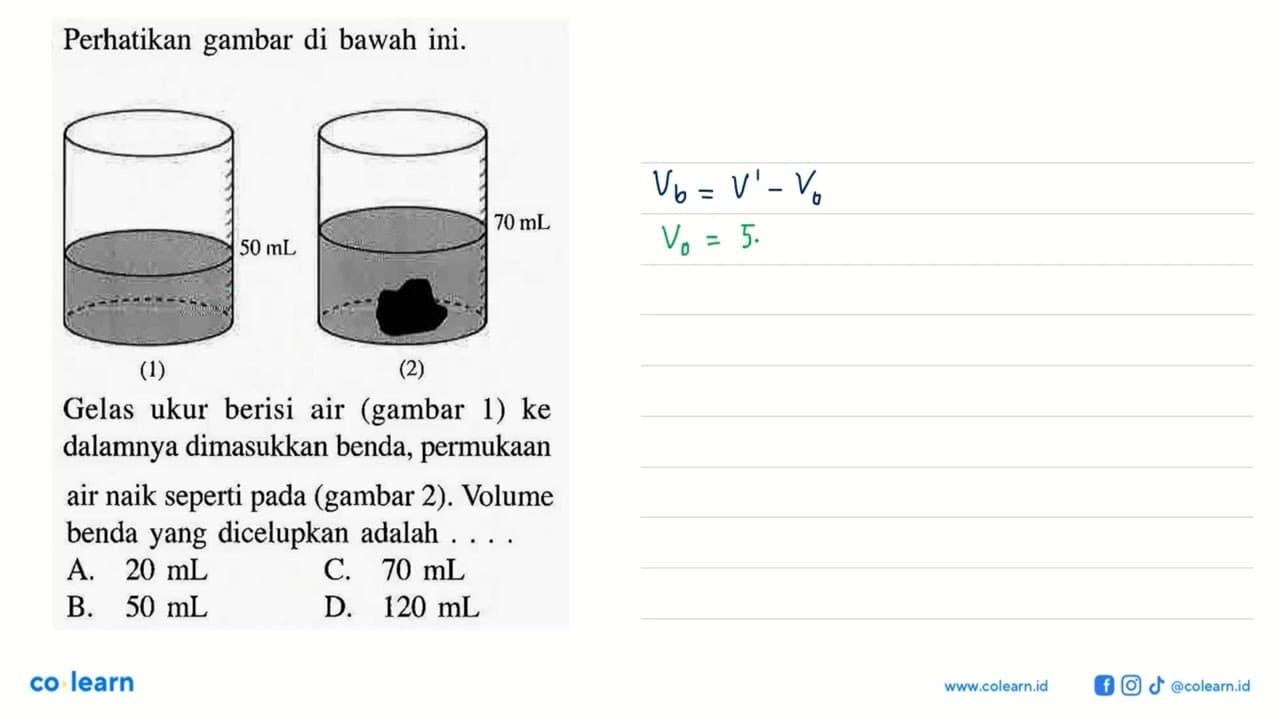 Perhatikan gambar di bawah ini. 70 mL 50 mL (1) (2) Gelas